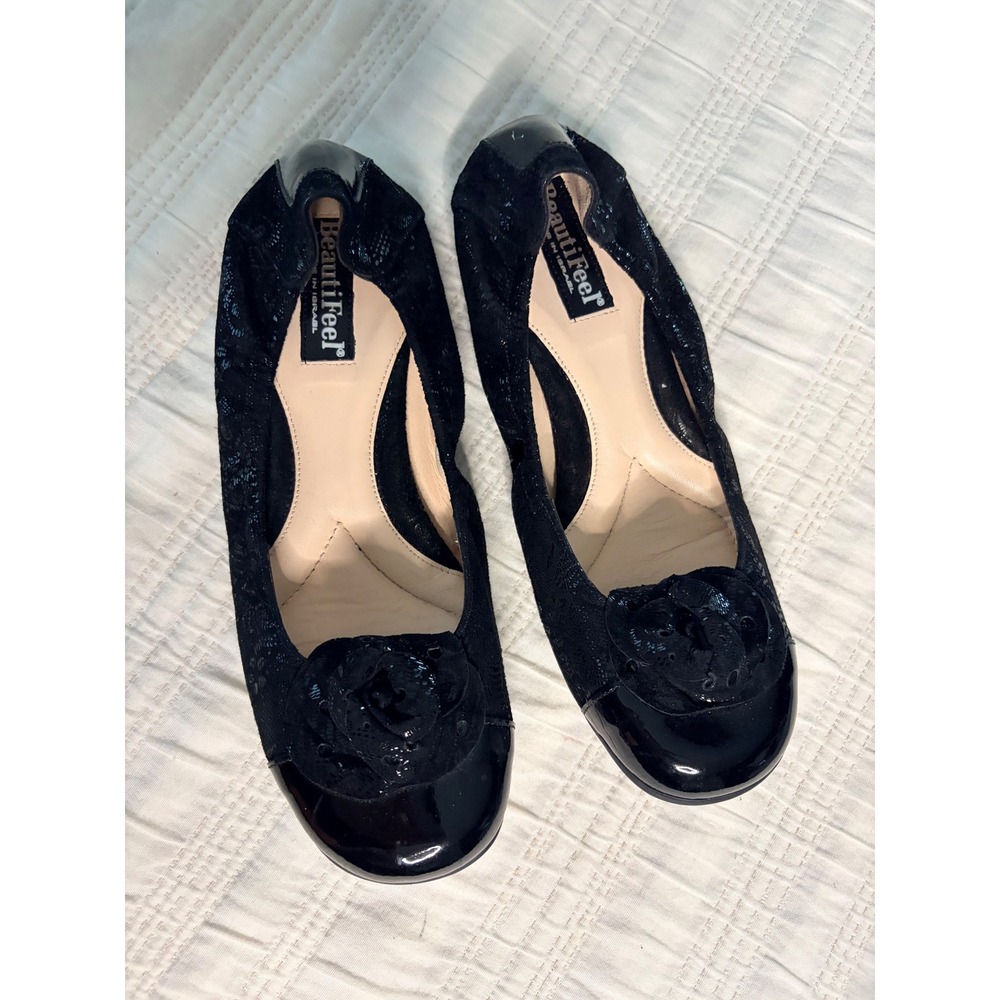BeautiFeel Black Suede Patent Floral Rosette Ballet Flats Shoes 40 Made  Israel